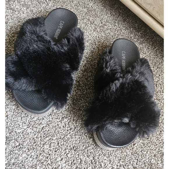 Black Furry Sandals with Rhinestone Accents - Picture 3 of 8
